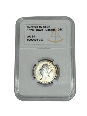 1874H 25 CENT CANADA OBVERSE #2 – AU 50 - GRADED