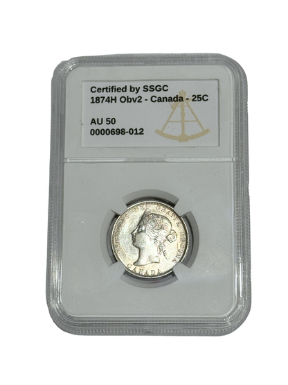 1874H 25 CENT CANADA OBVERSE #2 – AU 50 - GRADED