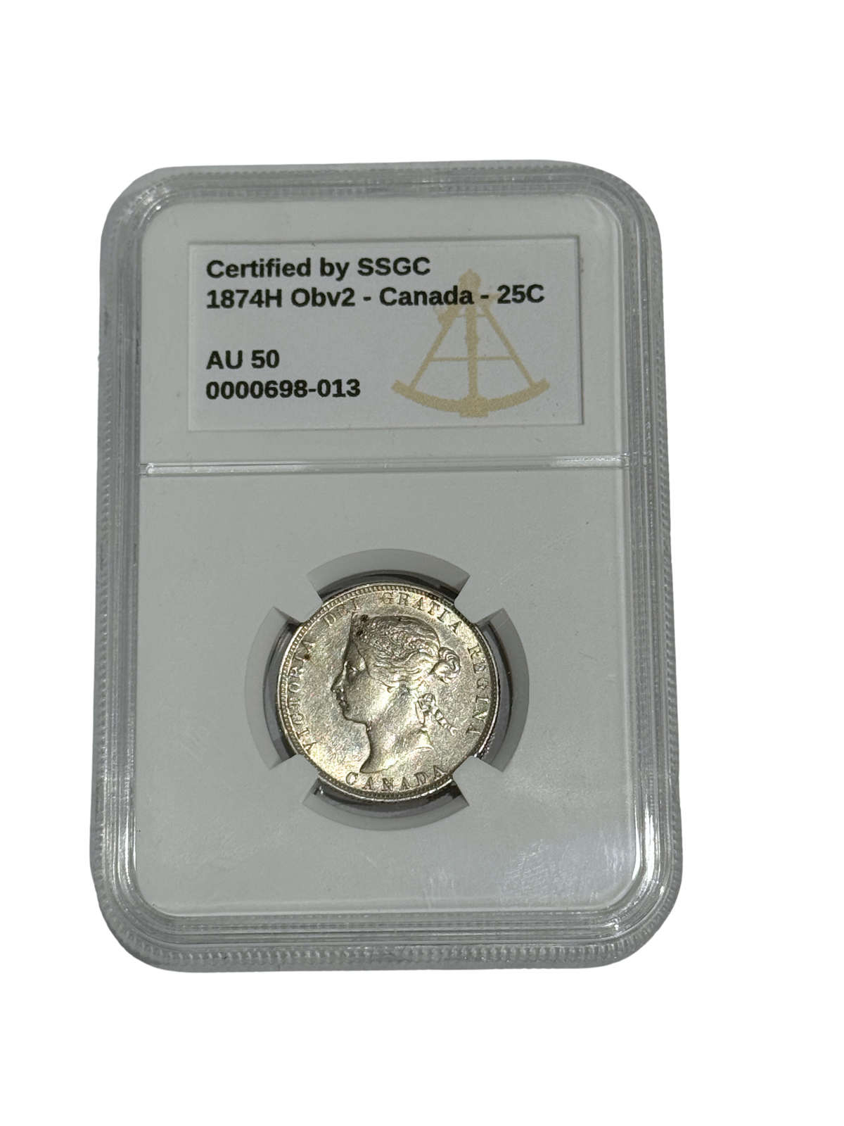 1874H 25 CENT CANADA OBVERSE #2 – AU 50 - GRADED