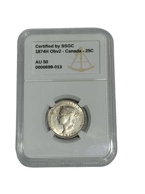 1874H 25 CENT CANADA OBVERSE #2 – AU 50 - GRADED
