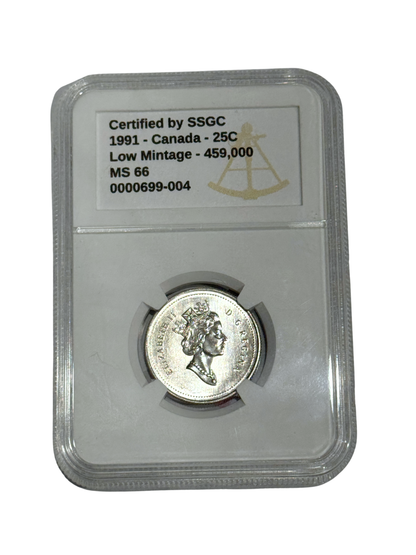 1991 25 CENT CANADA LOW MINTAGE – 459,000 – MS 66 - GRADED