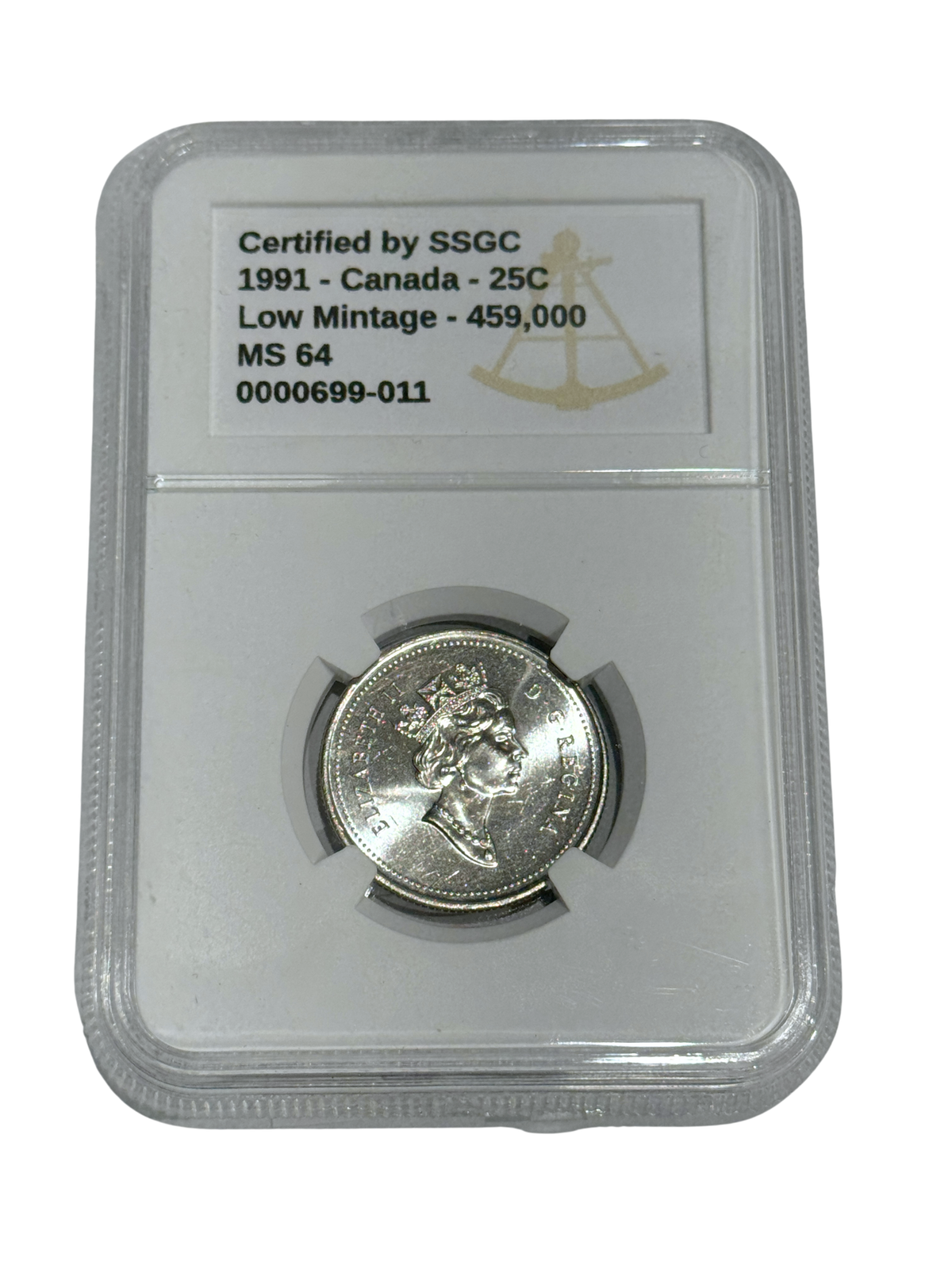1991 25 CENT CANADA LOW MINTAGE – 459,000 – MS 64 - GRADED