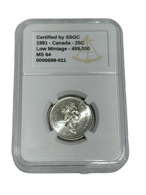 1991 25 CENT CANADA LOW MINTAGE – 459,000 – MS 64 - GRADED