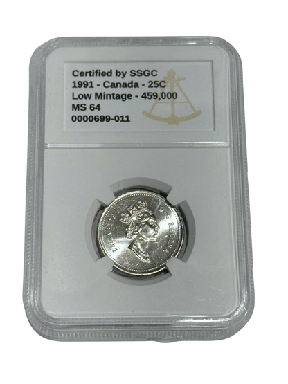 1991 25 CENT CANADA LOW MINTAGE – 459,000 – MS 64 - GRADED
