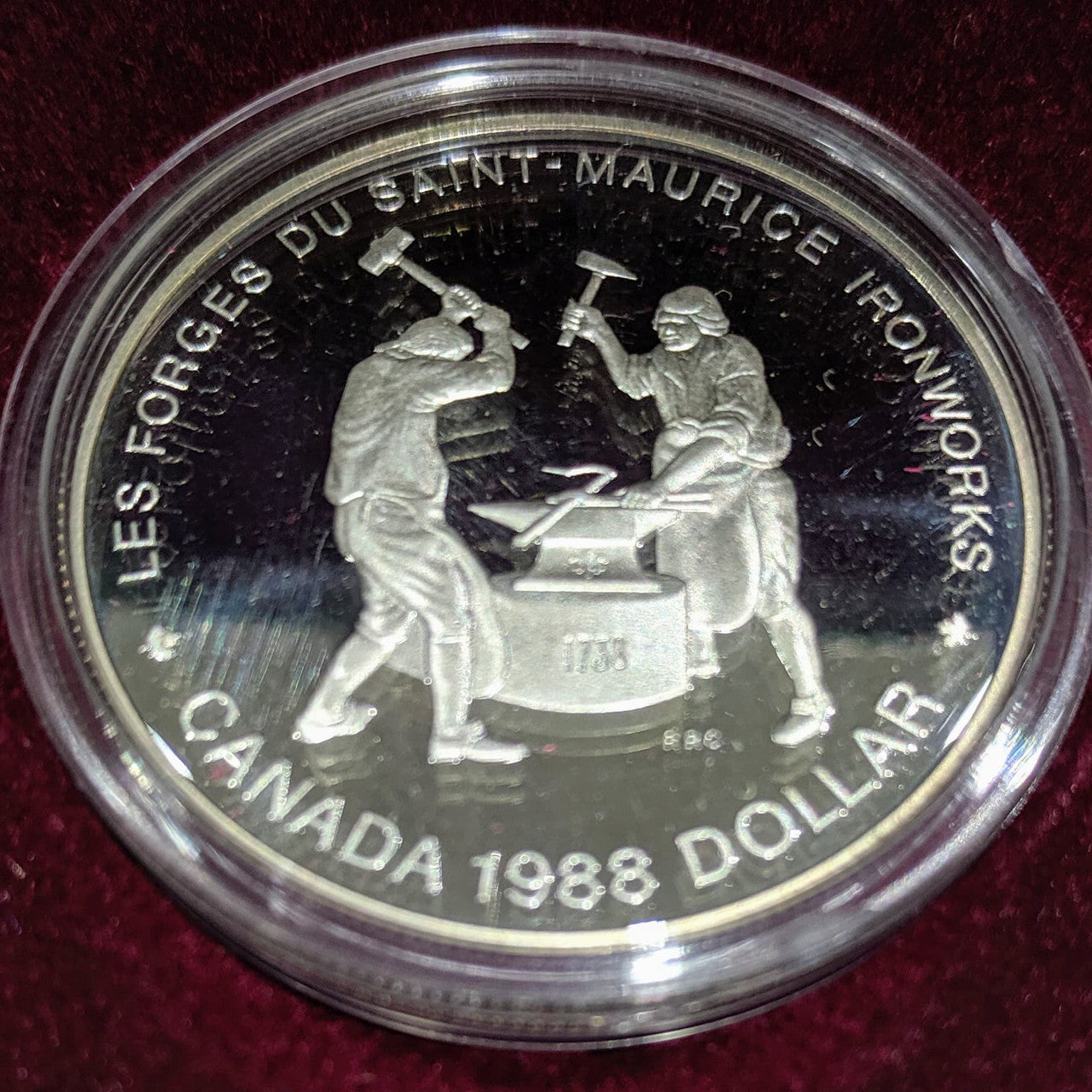1988 CANADIAN PROOF SILVER DOLLAR - 250TH ANNIVERSARY OF THE SAINT-MAURICE IRONWORKS
