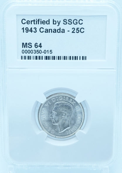 1943 25 CENT CANADA – MS 64 – GRADED (350-015)