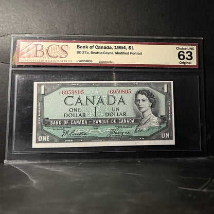 1954 $1 BANK OF CANADA, BC-37a, BEATTIE-COYNE, MODIFIED PORTRAIT