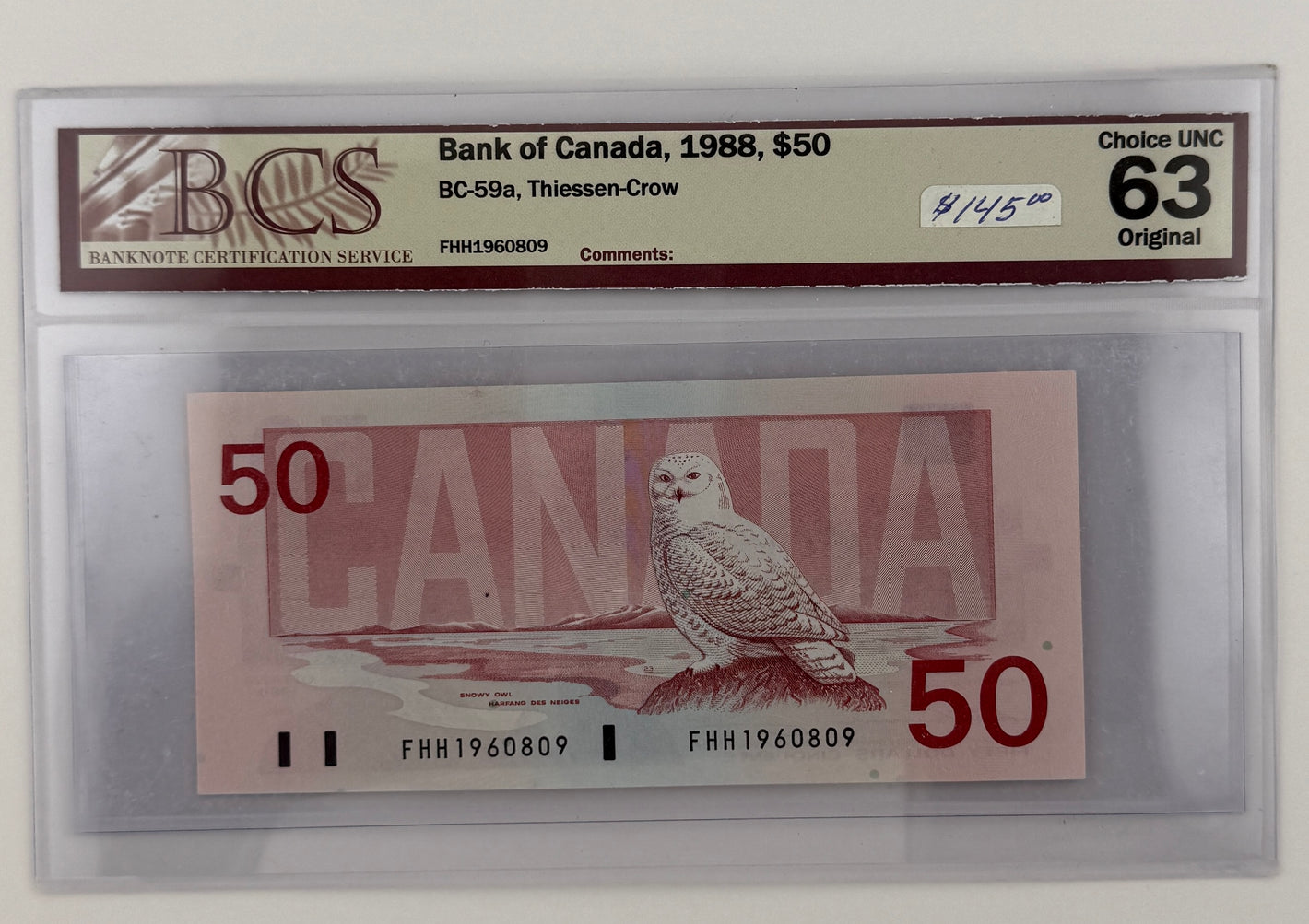 1988 $50 BANK OF CANADA; BC-59a, THIESSEN-CROW NOTE