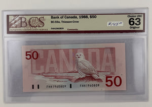 1988 $50 BANK OF CANADA; BC-59a, THIESSEN-CROW NOTE