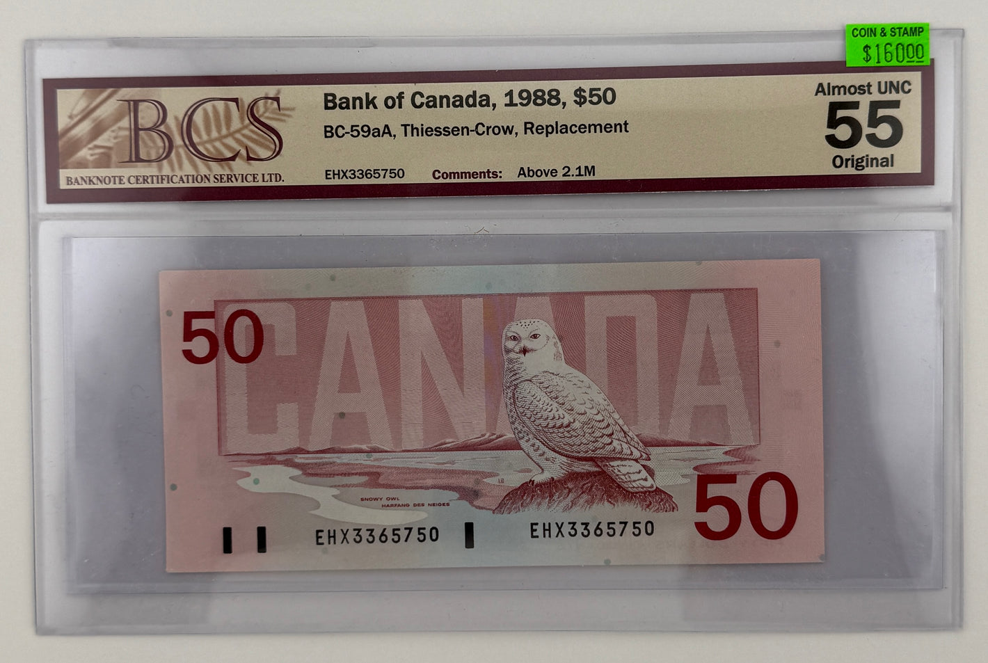 1988 $50 BANK OF CANADA; BC-59aA, THIESSEN-CROW REPLACEMENT NOTE
