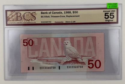 1988 $50 BANK OF CANADA; BC-59aA, THIESSEN-CROW REPLACEMENT NOTE