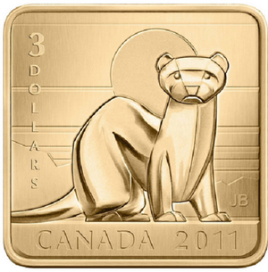 2011 $3 SQUARE SHAPED GOLD PLATED SILVER COIN - BLACK-FOOTED FERRET WILDLIFE CONSERVATION