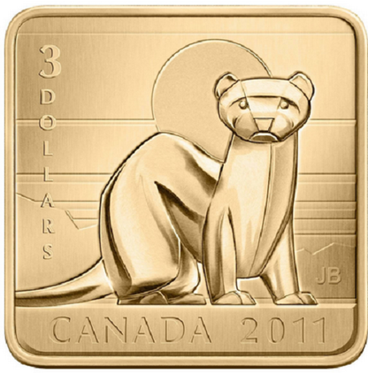 2011 $3 SQUARE SHAPED GOLD PLATED SILVER COIN - BLACK-FOOTED FERRET WILDLIFE CONSERVATION