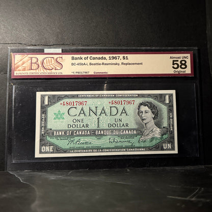 1967 $1 BANK OF CANADA, BC-45bA-i, BEATTIE-RASMINSKY, REPLACEMENT