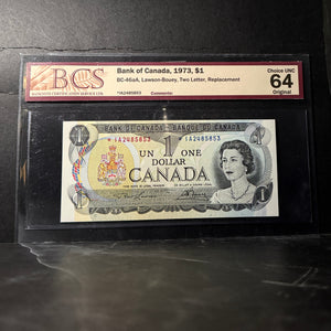 1973 $1 BANK OF CANADA, BC-46aA, LAWSON-BOUEY, TWO LETTER, REPLACEMENT