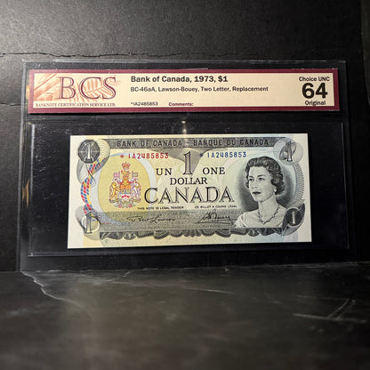 1973 $1 BANK OF CANADA, BC-46aA, LAWSON-BOUEY, TWO LETTER, REPLACEMENT