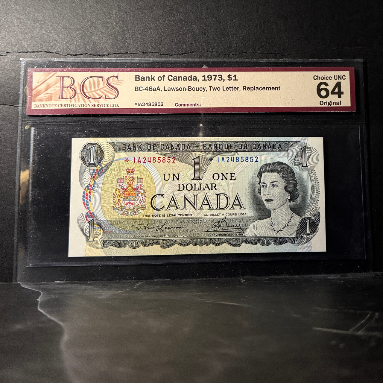 1973 $1 BANK OF CANADA, BC-46aA, LAWSON-BOUEY, TWO LETTER , REPLACEMENT