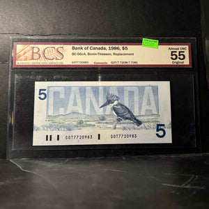 1986 $5 BANK OF CANADA, BC-56cA, BONIN-THIESSEN, REPLACEMENT