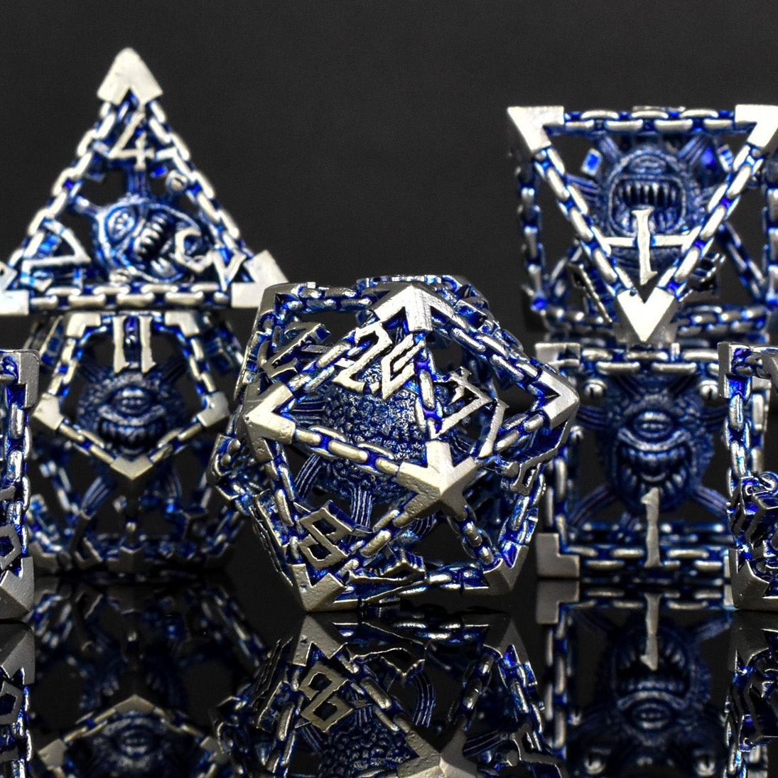 BEHOLDER'S GATES HOLLOW METAL DICE SET - BLUE AND SILVER
