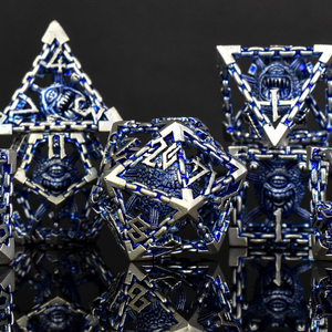 BEHOLDER'S GATES HOLLOW METAL DICE SET - BLUE AND SILVER