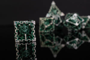 BEHOLDER'S GATES HOLLOW METAL DICE SET - GREEN AND SILVER