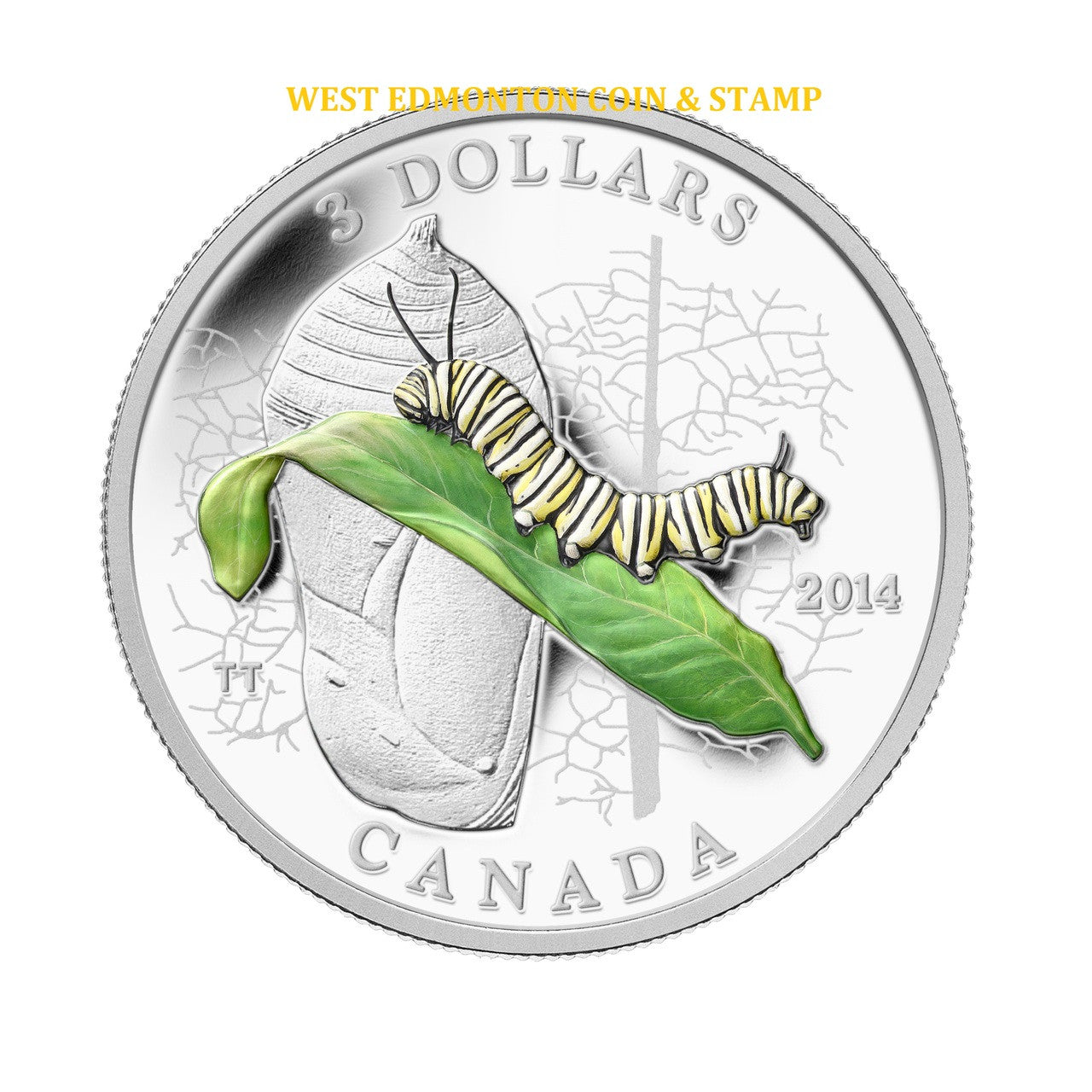 2014 1/4oz $3 ANIMAL ARCHITECTS - CATERPILLAR AND CHRYSALIS FINE SILVER COIN