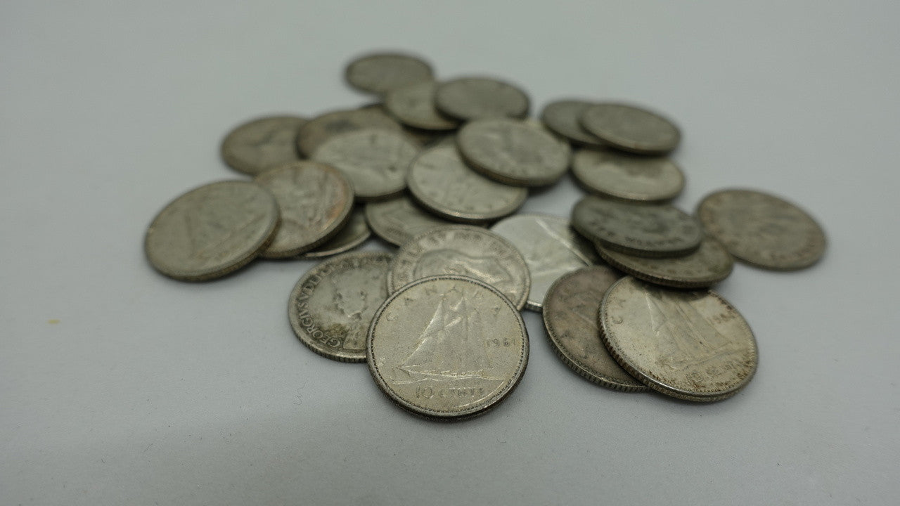 E-TRANSFER ONLY  - $25 FACE VALUE CANADIAN CIRCULATION 10-CENT COIN (PRE 1967) (80% PURE)