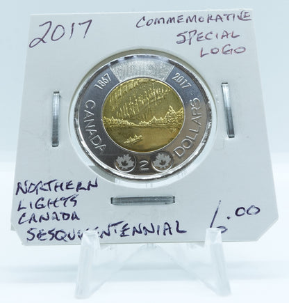 2017 CANADA CIRCULATION TOONIE COMMEMORATIVE SPECIAL LOGO NORTHERN LIGHTS CANADA SESQUICENTENNIAL