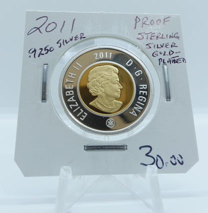 2011 CANADA CIRCULATION TOONIE .9250 PROOF STERLING SILVER GOLD-PLATED