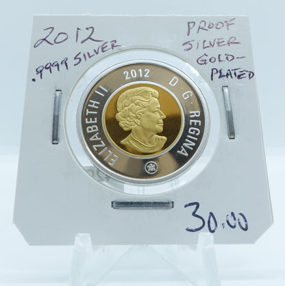 2012 CANADA CIRCULATION TOONIE .9999 PROOF SILVER GOLD-PLATED