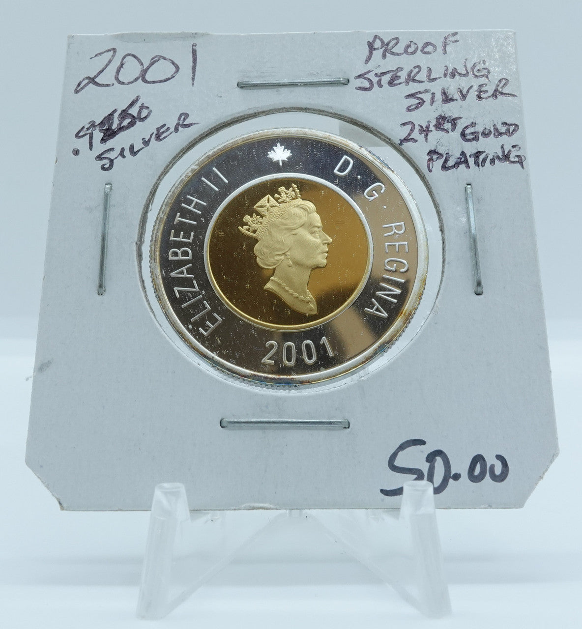 2001 CANADA CIRCULATION TOONIE .9250 PROOF STERLING SILVER 24 KARAT GOLD PLATING
