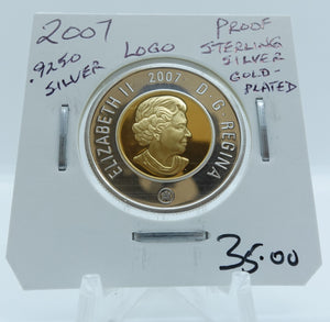 2007 CANADA CIRCULATION TOONIE .9250 LOGO PROOF STERLING SILVER GOLD-PLATED