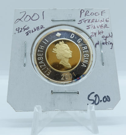 2001 CANADA CIRCULATION TOONIE .9250 PROOF STERLING SILVER 24 KARAT GOLD PLATING (2)