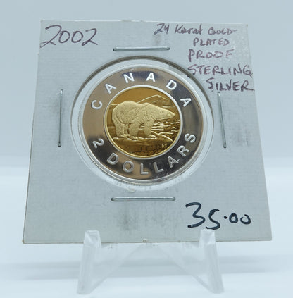 2002 CANADA CIRCULATION TOONIE PROOF STERLING SILVER 24 KARAT GOLD PLATING