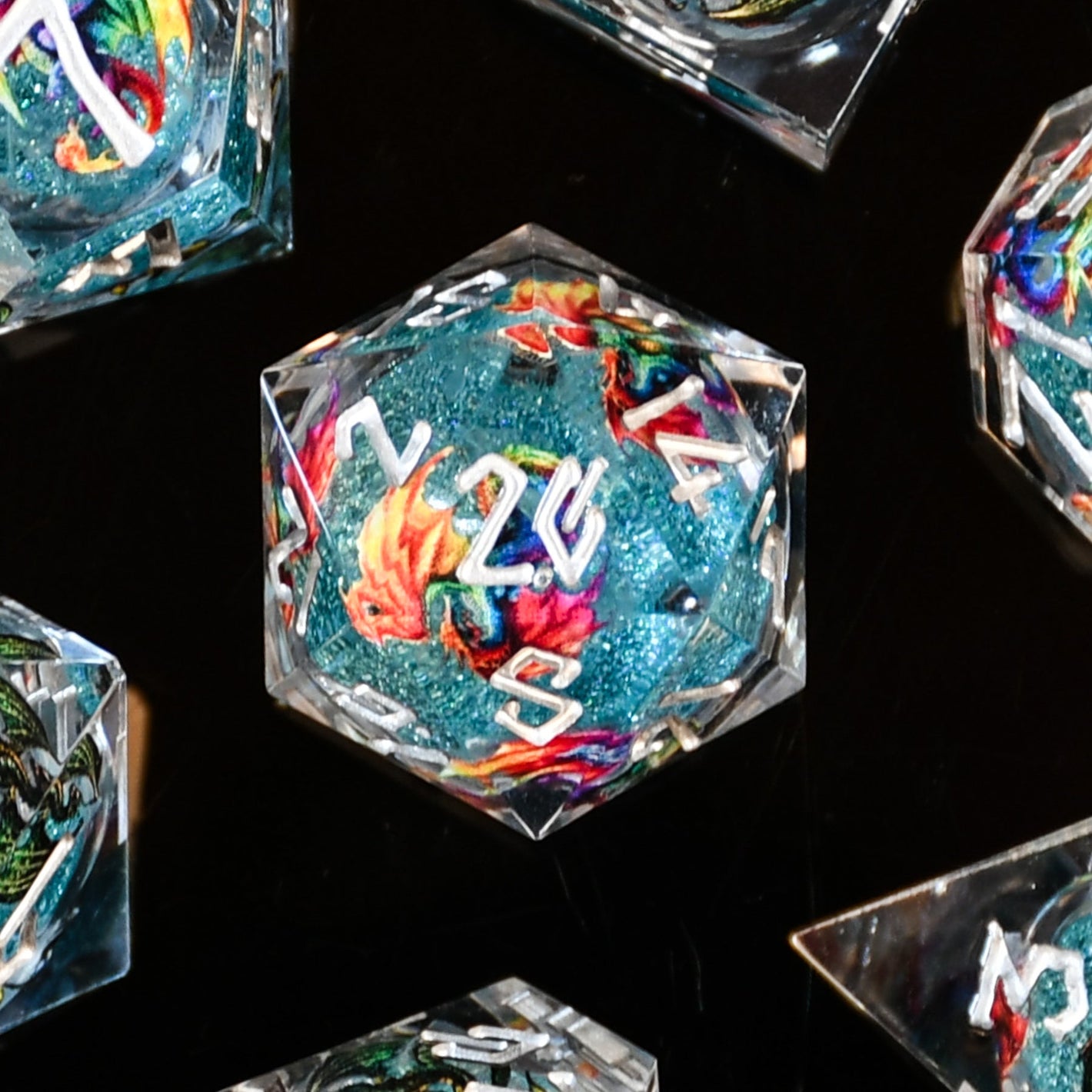 RAINBOW DRAGON LIQUID CORE DICE SET - BLUE AND SILVER