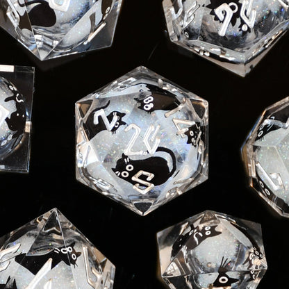 BLACK CAT LIQUID CORE DICE SET - WHITE AND SILVER