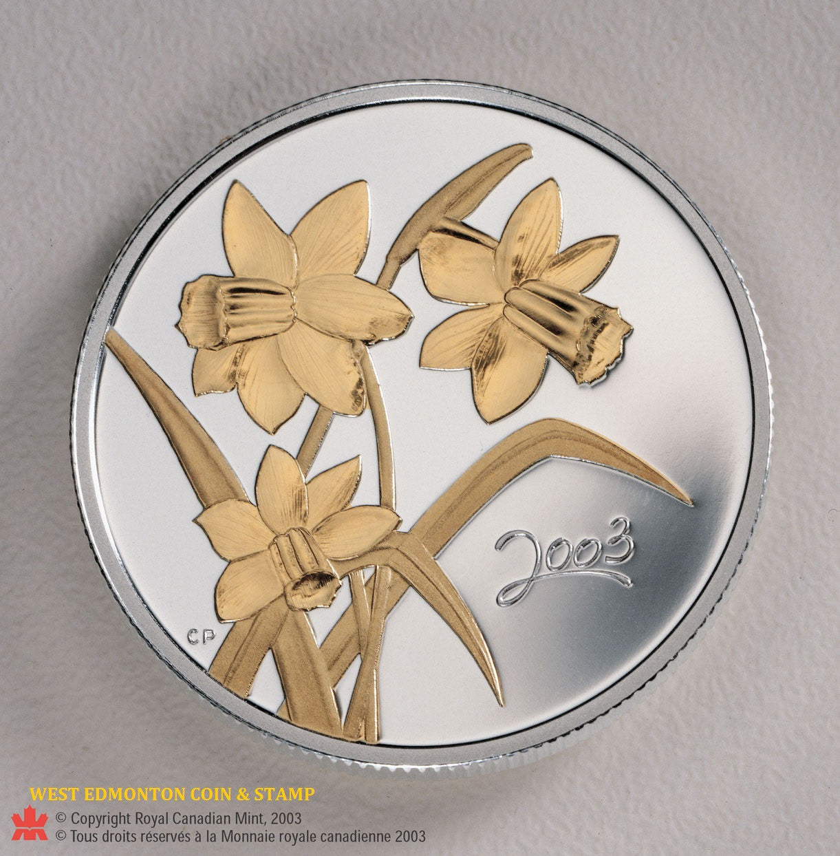 SALE - 2003 STERLING SILVER & GOLD PLATED 50-CENT COIN - GOLDEN DAFFODIL (NO SLEEVE)