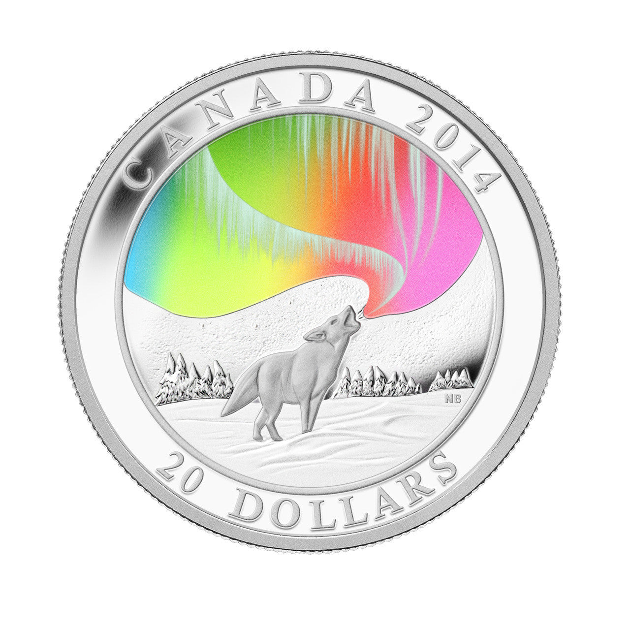 2014 1oz $20 A STORY OF THE NORTHERN LIGHTS: HOWLING WOLF FINE SILVER HOLOGRAM COIN