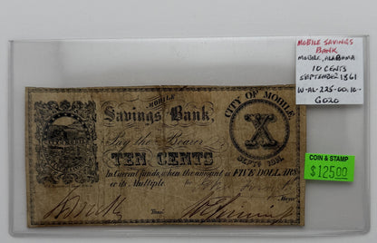 1861 10-CENT "MOBILE SAVINGS BANK" MABILE ALABAMA USA BANK NOTE