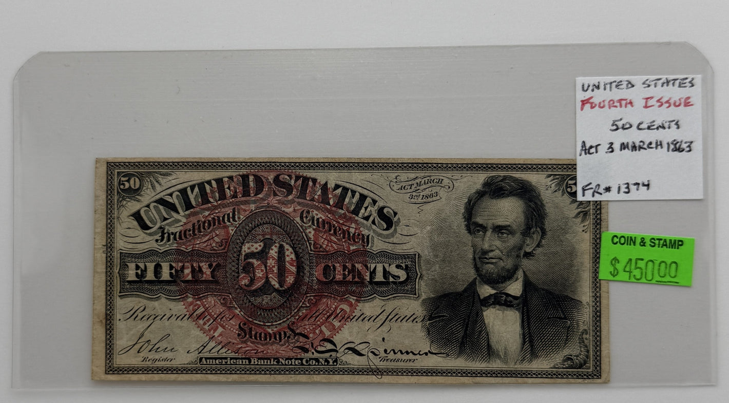 1863 50-CENTS UNITED STATES "FRACTIONAL CURRENCY" FOURTH ISSUE BANK NOTE