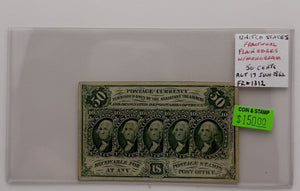 1862 50-CENTS UNITED STATES "POSTAGE CURRENCY" PLAIN EDGES WITH MONOGRAM BANK NOTE