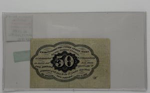 1862 50-CENTS UNITED STATES "POSTAGE CURRENCY" PLAIN EDGES WITH MONOGRAM BANK NOTE
