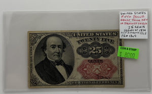 1874 25-CENTS UNITED STATES "FRACTIONAL CURRENCY" FIFTH ISSUE SHORT THICK KEY IN TREASURY SHIELD BANK NOTE