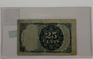 1874 25-CENTS UNITED STATES "FRACTIONAL CURRENCY" FIFTH ISSUE SHORT THICK KEY IN TREASURY SHIELD BANK NOTE