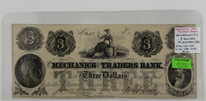 1852 $3 UNITED STATES MECHANIC AND TRADERS BANK GEORGETOWN D.C BANK NOTE
