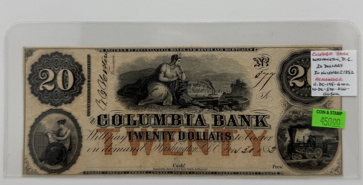 1852 $20 UNITED STATES COLUMBIA BANK WASHINGTON DC BANK NOTE