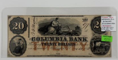 1852 $20 UNITED STATES COLUMBIA BANK WASHINGTON DC BANK NOTE