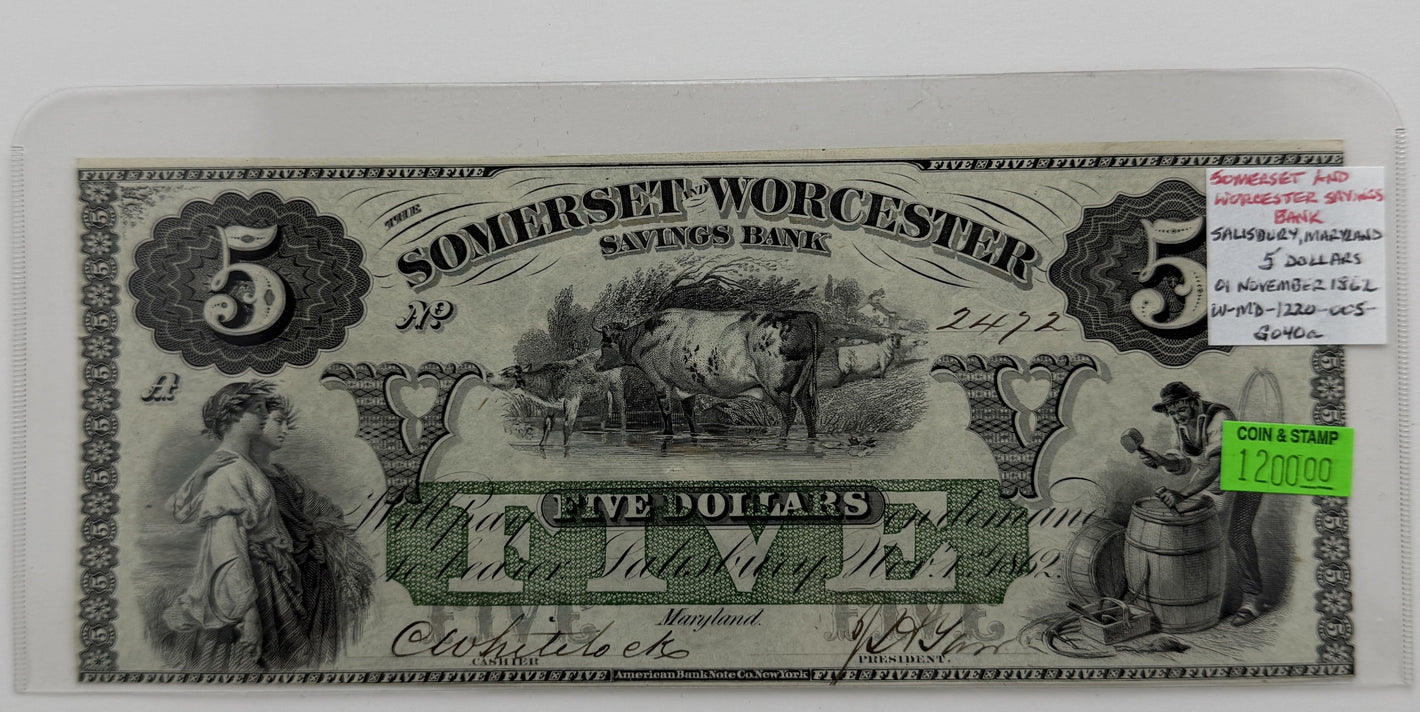 1862 $5 UNITED STATES SOMERSET AND WORSCESTER SAVINGS BANK NOTE