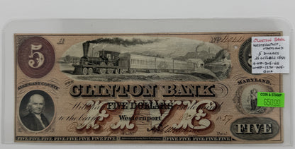 1859 $5 UNITED STATES CLINTON BANK WESTERN PORT MARYLAND BANK NOTE