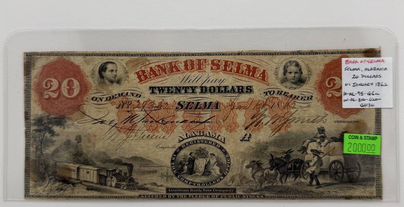 1862 $20 UNITED STATES BANK OF SELMA, ALABAMA BANK NOTE